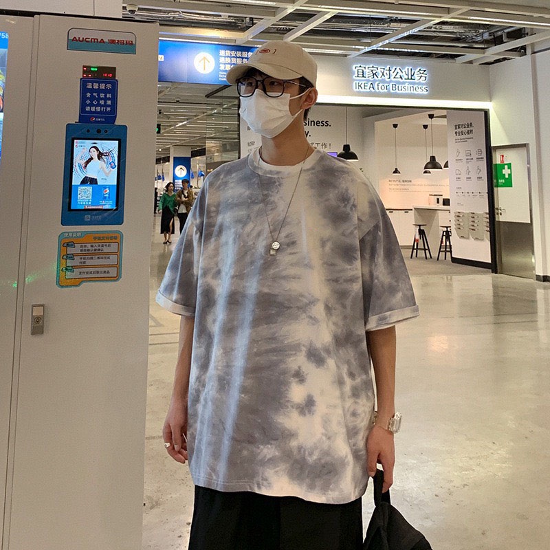 Áo thun tay lỡ form rộng nam nữ Loang Màu Xanh Đen cotton độc lạ, áo phông rộng nam nữ mặc được tay lỡ cổ tròn