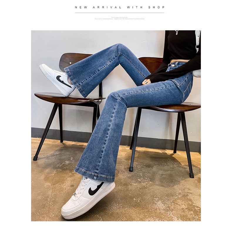 Quần Jean Dài Ống Loe Lưng Cao Phối Túi Cá Tính Cho Nữ