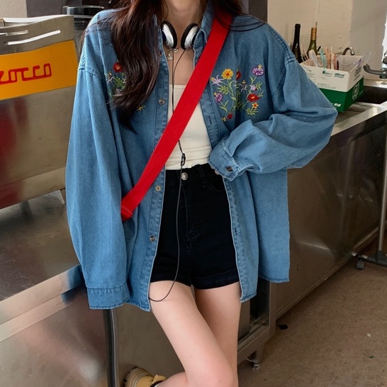 ZHELIHANGFEI Áo Khoác Denim Tay Dài Form Rộng Họa Tiết Thêu Theo Phong Cách Retro Dễ Phối Đồ