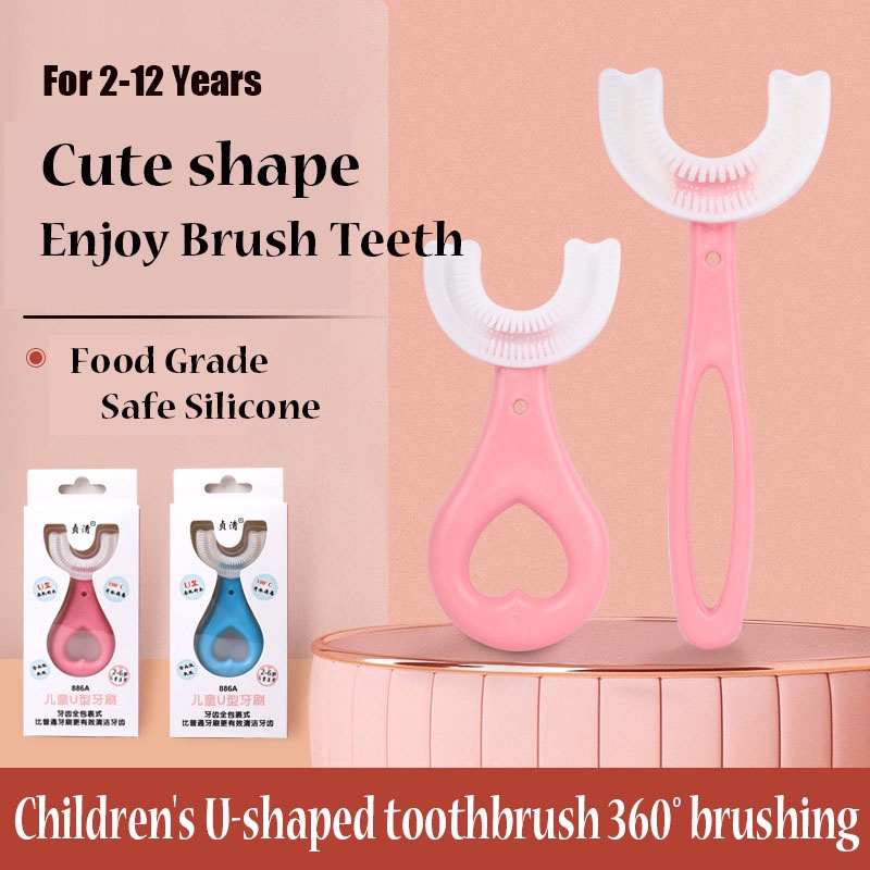 [Hàng mới về] Bàn chải đánh răng bằng silicon thiết kế hình chữ U xoay 360 độ cho bé 2-12 tuổi