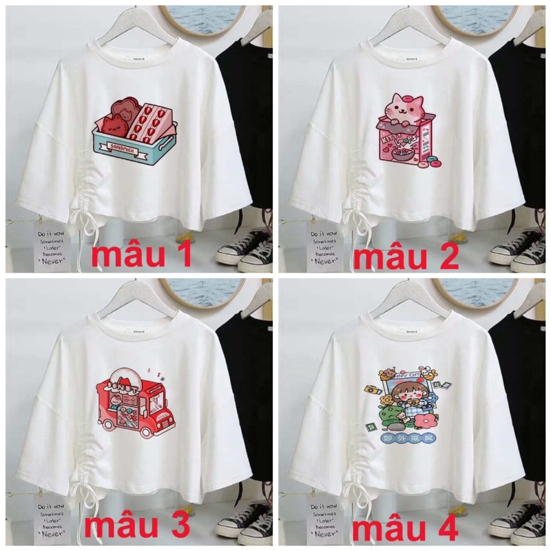 Áo thun crt rút dây các mẫu mèo cute , phom rộng chất cotton thoáng mát