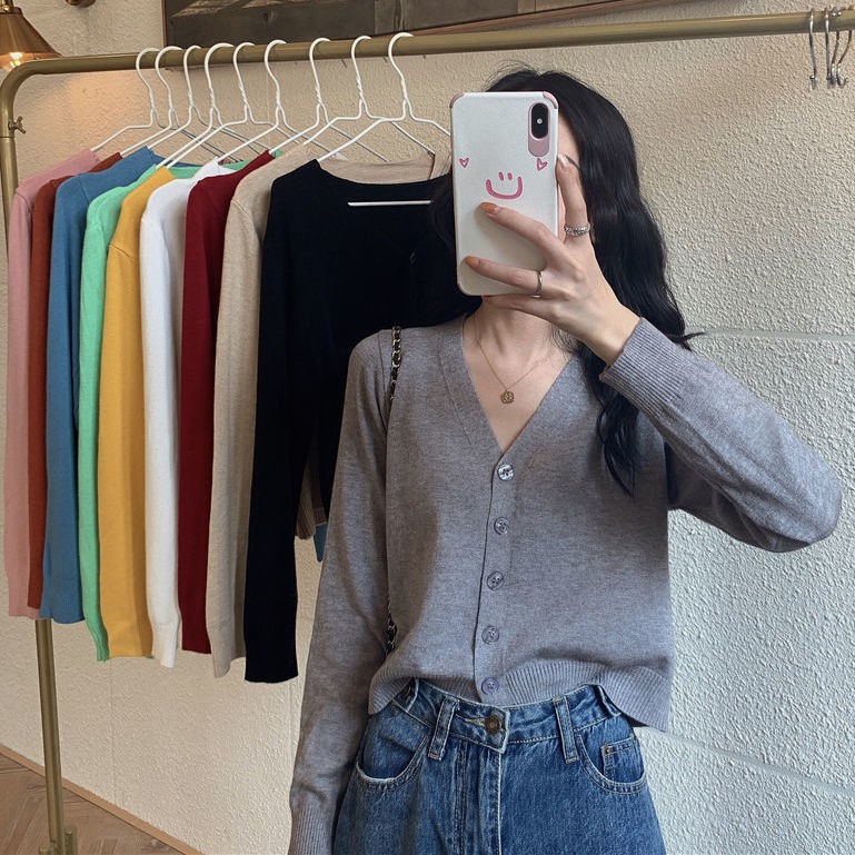 Áo Cardigan Len Mỏng Tay Dài Cổ Chữ V Màu Sắc Ngọt Ngào Thời Trang Mùa Hè Cho Nữ