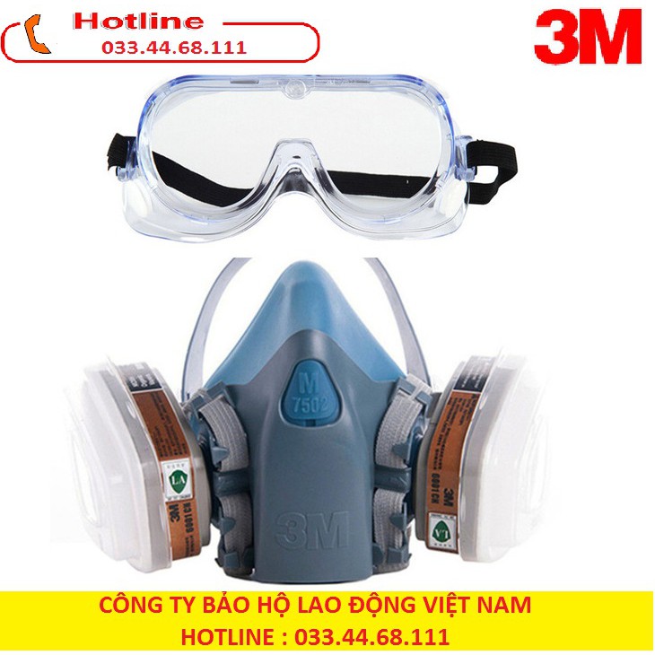 Bộ mặt nạ phòng độc 3.M 7502 gồm 1 mặt nạ + kính bảo hộ + 2 phin lọc + 2 bông lọc