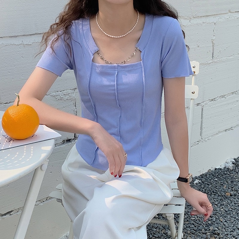 NZN Áo Thun Tay Ngắn Cổ Vuông Màu Sắc Đơn Giản Phong Cách Hàn Quốc Cho Nữ