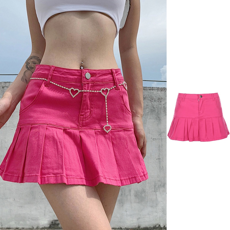 Chân váy jean Xếp Ly Lưng Cao Màu Trơn Phong Cách Harajuku Lolita Gợi Cảm Cho Nữ