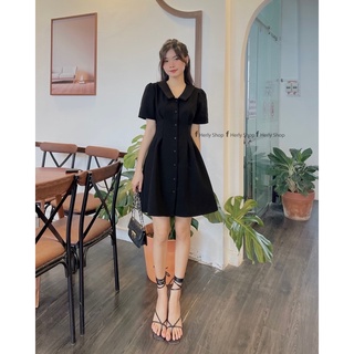 ĐẦM CỔ BẺ XẾP LY EO ĐÍNH NÚT TAY BỒNG