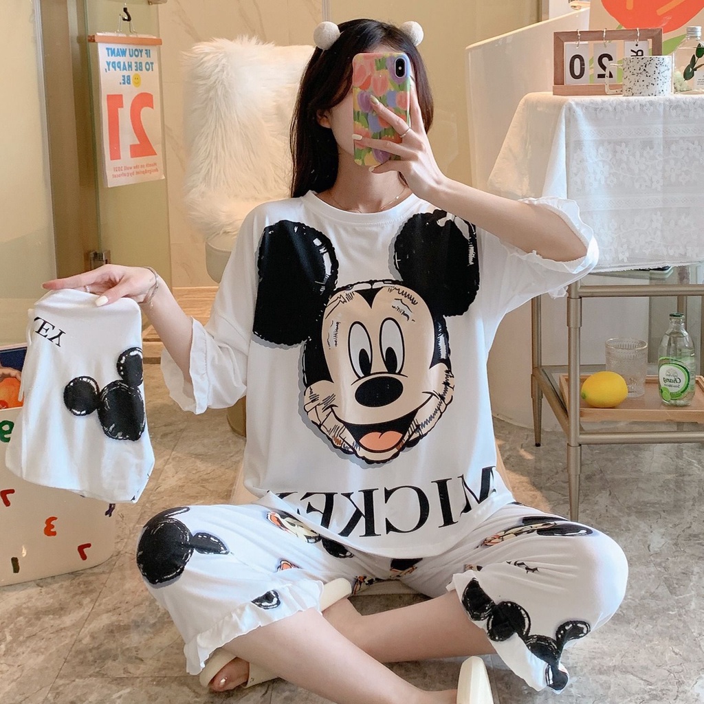 Đồ bộ nữ mặc nhà bộ ngủ lửng dễ thương chất cotton thun sữa mềm mịn thấm hút mồ hôi TL01