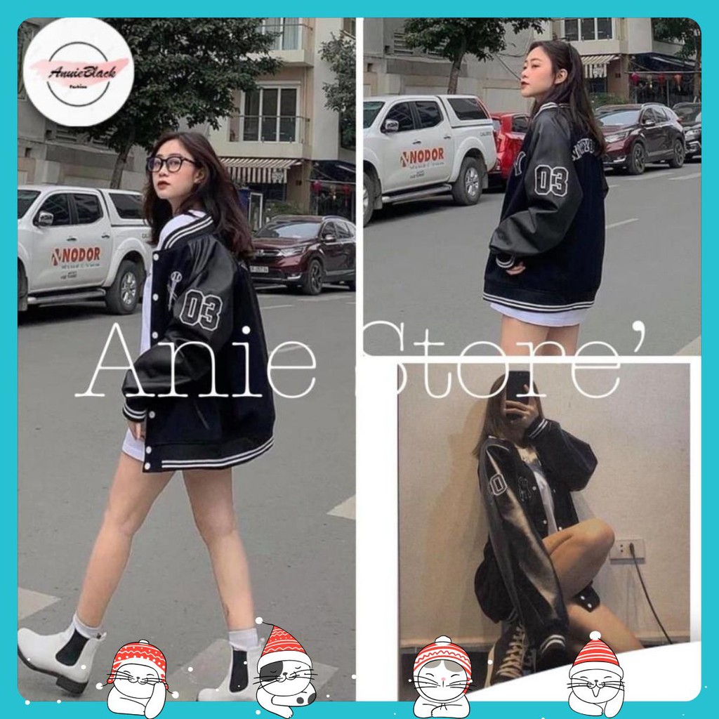 Áo Khoác Bomber 03 Tay Phối Da Unisex 🦋 Jacket Dáng Thể Thao Đen Cổ Viền Nỉ Freesize Ulzzang Nam Nữ 🦋 AB