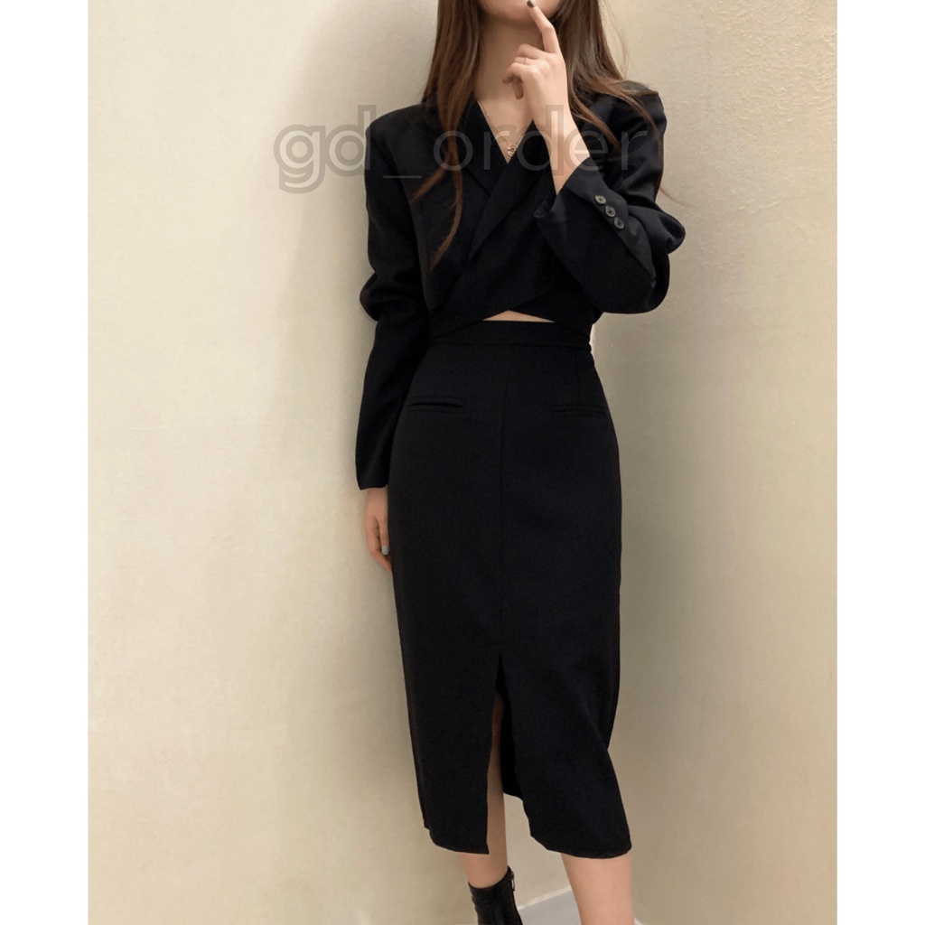 B63|Set bộ vest nữ áo croptop công sở hàn quốc kèm váy bút chì thanh lịch gd_order
