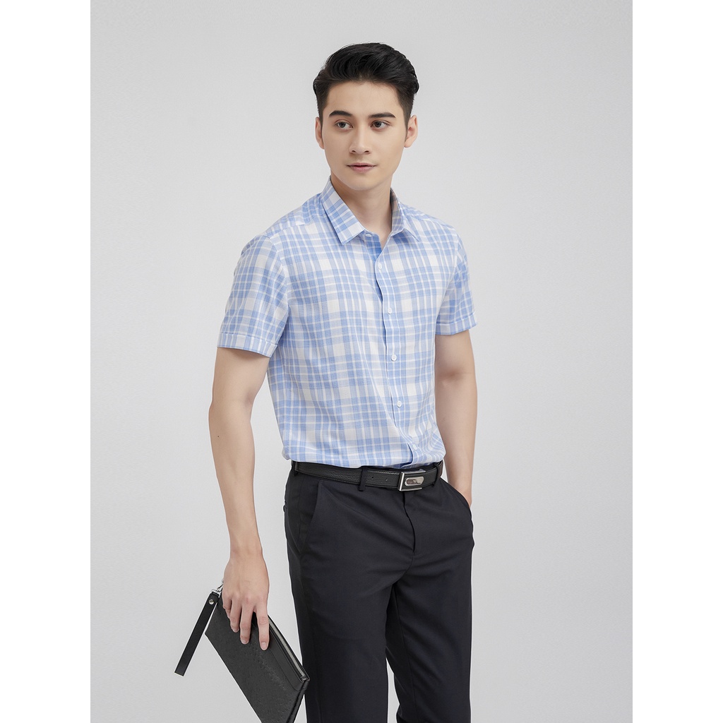 Áo sơ mi nam ngắn tay ARISTINO họa tiết kẻ caro xanh nhẹ lịch lãm - ASS031S1
