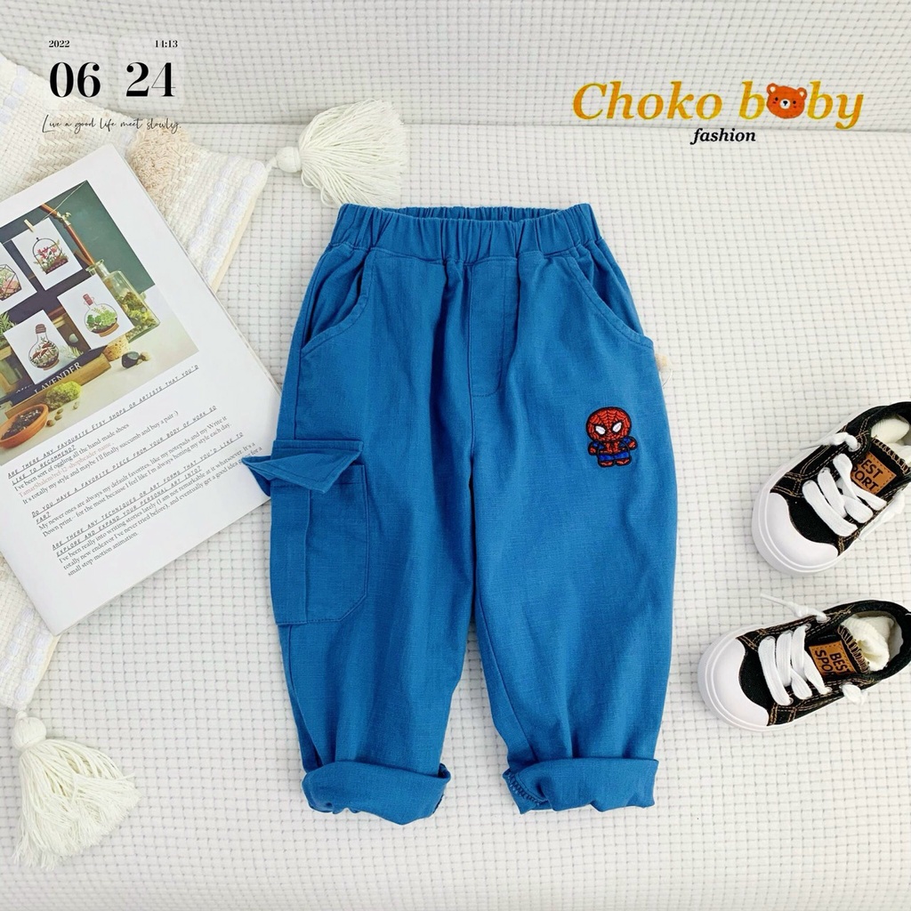 Quần dài bé trai thêu hoạ tiết siêu anh hùng, quần linen dài cá tính bé trai