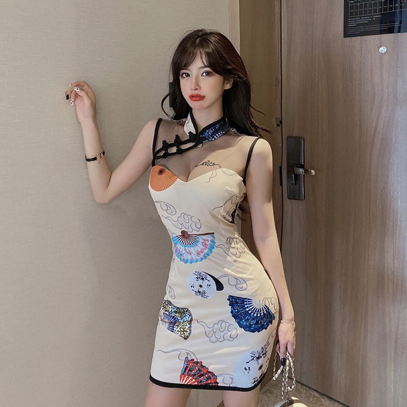 IELGY    Sườn Xám Cách Tân Thêu Họa Tiết Đơn Giản Phong Cách Trung Hoa Cổ Điển Thời Trang Cho Nữ