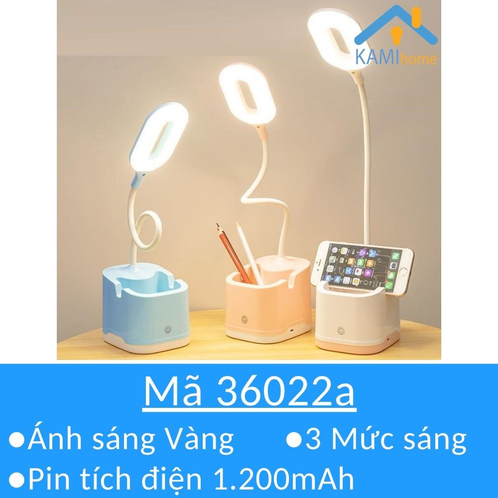 Đèn học để bàn kèm giá kê điện thoại, hộp đựng bút, chống cận thị  (Vuông KM 36022a)