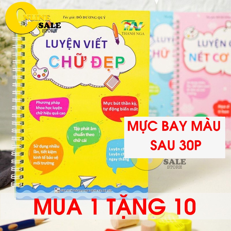 [THẦN KỲ] Bộ 3 tập vở luyện viết tự xóa chữ-số-nét cơ bản.Chuẩn tiếng việt.Tặng 2 cá định vị+ 6 ngòi bút+ 2vỏ bút