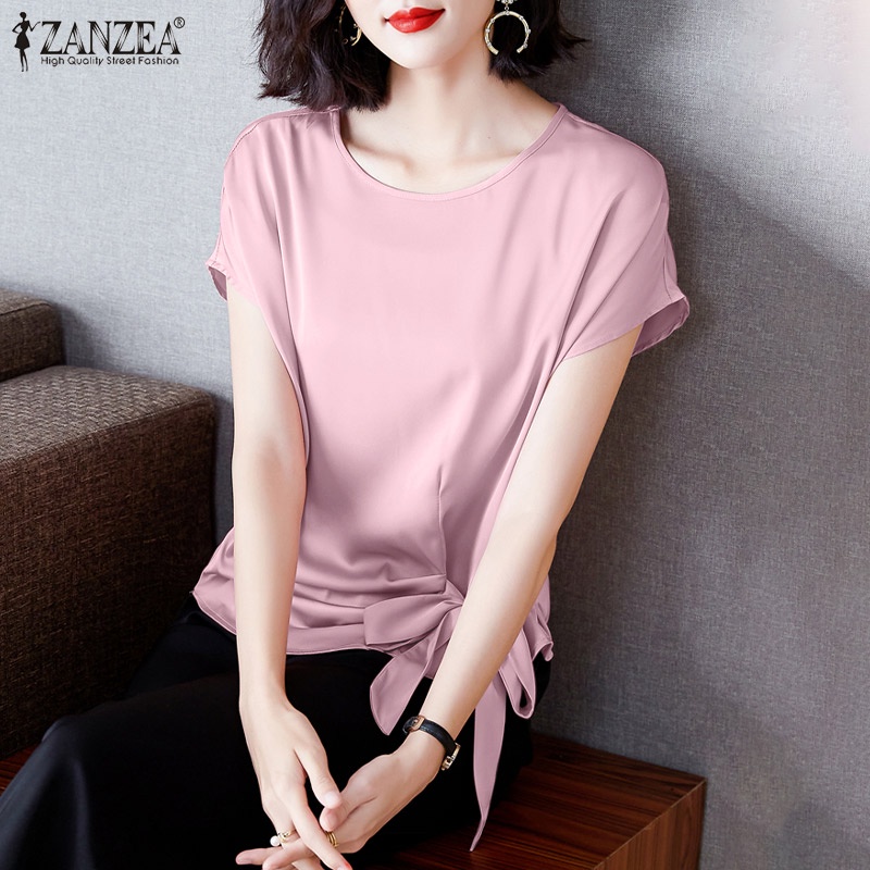 Áo kiểu ZANZEA vải satin tay ngắn cổ tròn ôm eo thời trang cho nữ