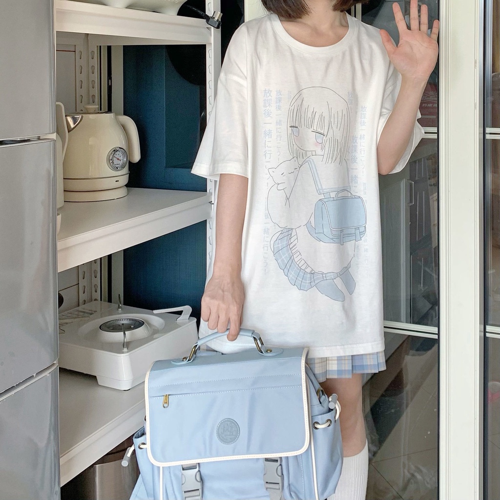 Áo thun ngắn tay dáng rộng thời trang mùa hè Nhật Bản dễ thương dành cho nữ