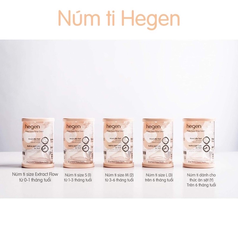 Núm ti Hegen thay thế bình sữa Hegen chính hãng đủ size. Núm ti hegen size 0/1/2/3 và Y cut có van thoát khí chống sặc