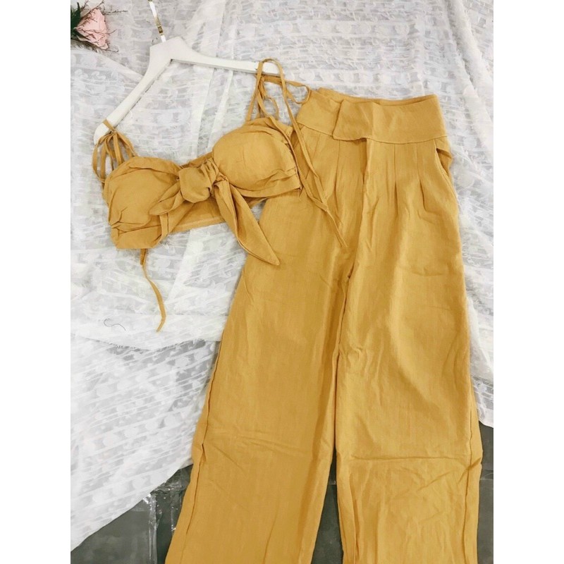 ẢNH THẬT TRẢI SÀN - SET CROPTOP ĐŨI CỘT NƠ NGỰC VÀNG