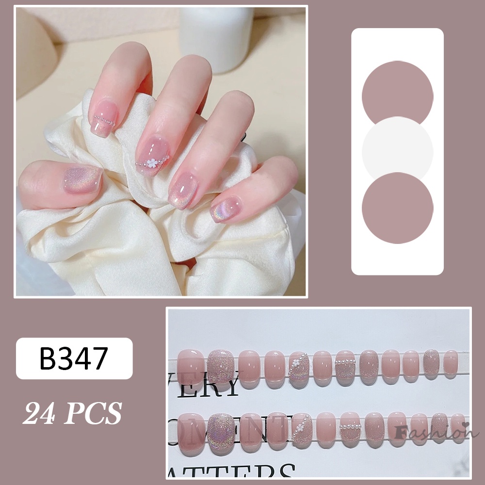 Bộ 24 Móng Tay Giả Đính Ngọc Trai 3D Lấp Lánh Dễ Xé Không Rơi Cho Nữ