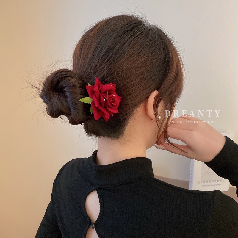 Kẹp Tóc Cá Mập Đính Đá Hình Nơ Hoa Hồng Kiểu Pháp Cổ Điển