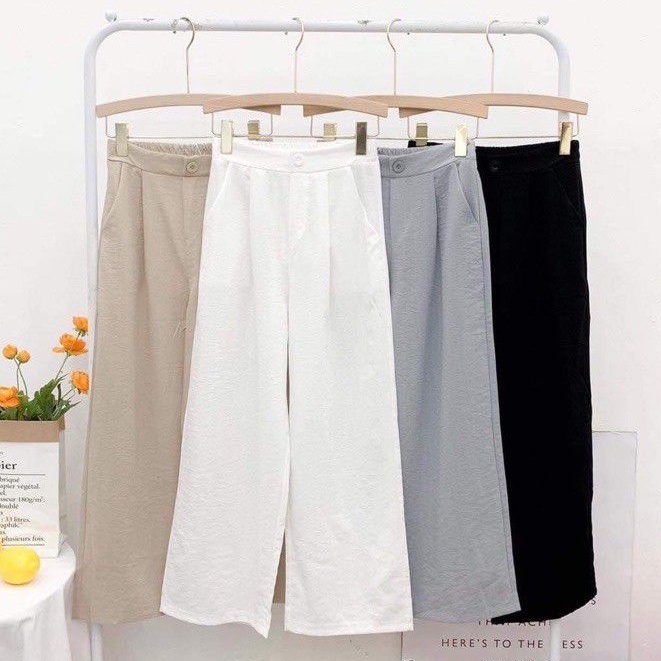Quần ống rộng lưng cao khóa thật lưng chun sau Dáng dài Quần ống suông lưng thun ống dài màu Kem Đen mặc công sở đi học