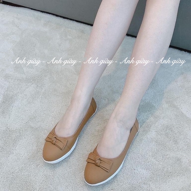 GB11 - Giày bệt da bò mũi tròn nơ ngang chất da siêu mềm nhẹ êm 3 màu đen , trắng , bò  hàng VNXK