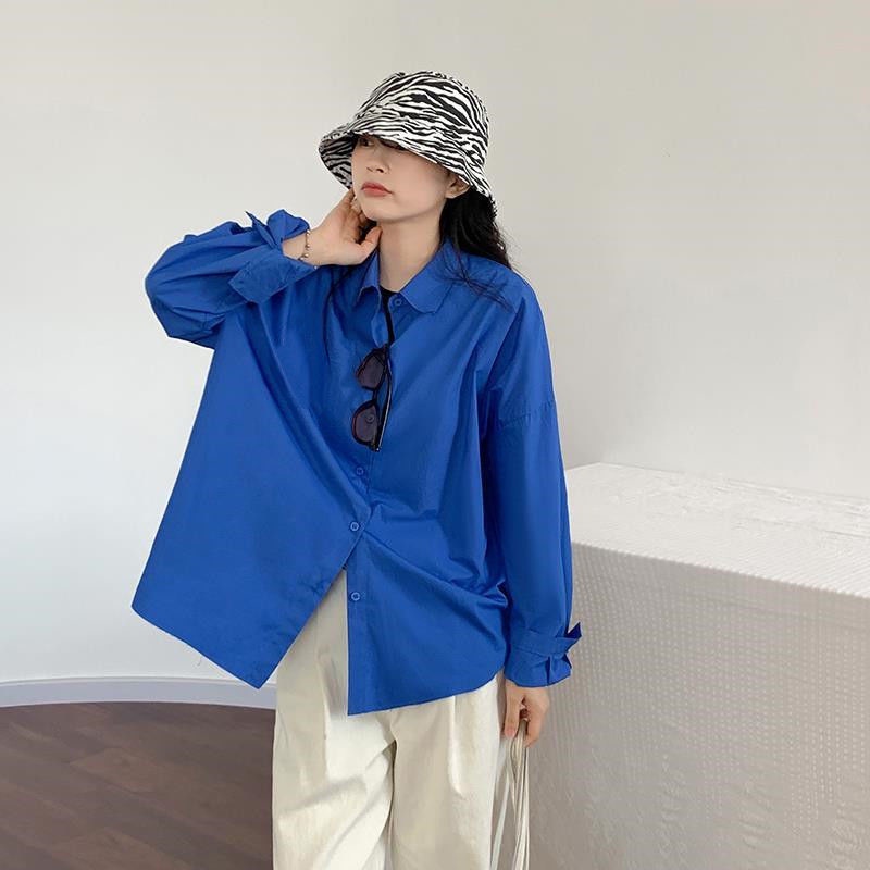 Áo sơ mi dài tay màu xanh dương phong cách Hàn Quốc trẻ trung dành cho nữ