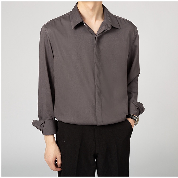 Áo Sơ Mi Nam Dài Tay kiểu giấu cúc Đen Trắng Nâu Xanh Dáng Ôm Cổ Bẻ Hàn Quốc Vải Lụa Nến