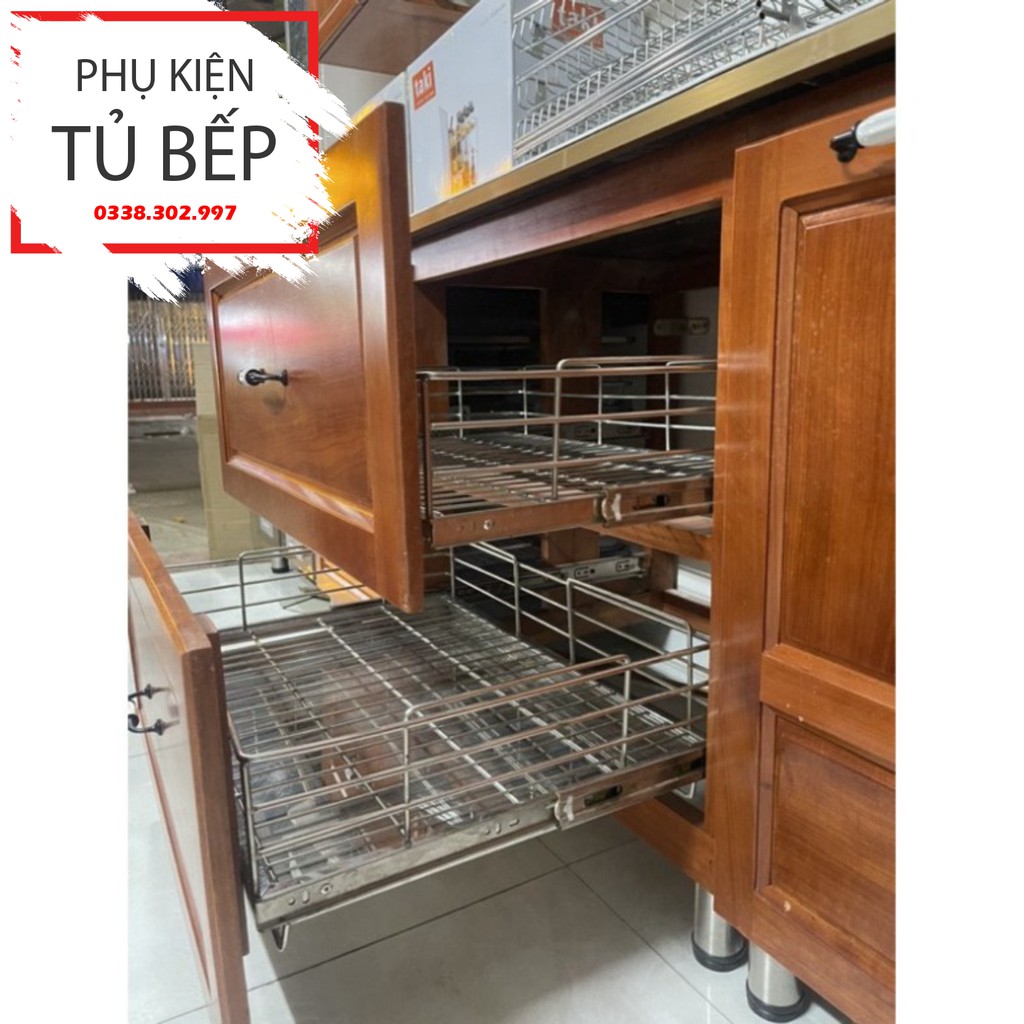 Giá để xoong nồi, giá kéo đựng xoong nồi lắp tủ bếp dưới kèm ray trượt inox 304 bán lẻ 1 tầng