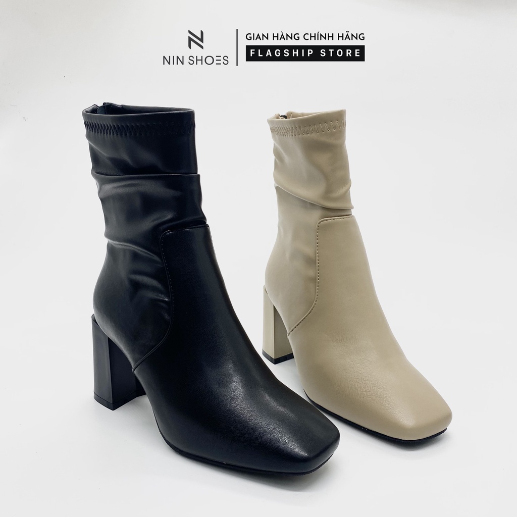 Giày Boot nữ 9p QCCC gót vuông cao cổ kéo khóa sau da si Ninshoes