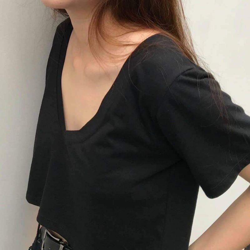 ÁO CROPTOP BASIC CỔ TIM FORM RỘNG CHẤT MÁT LỊM LaCa Store E10-1, áo cổ v form lớn