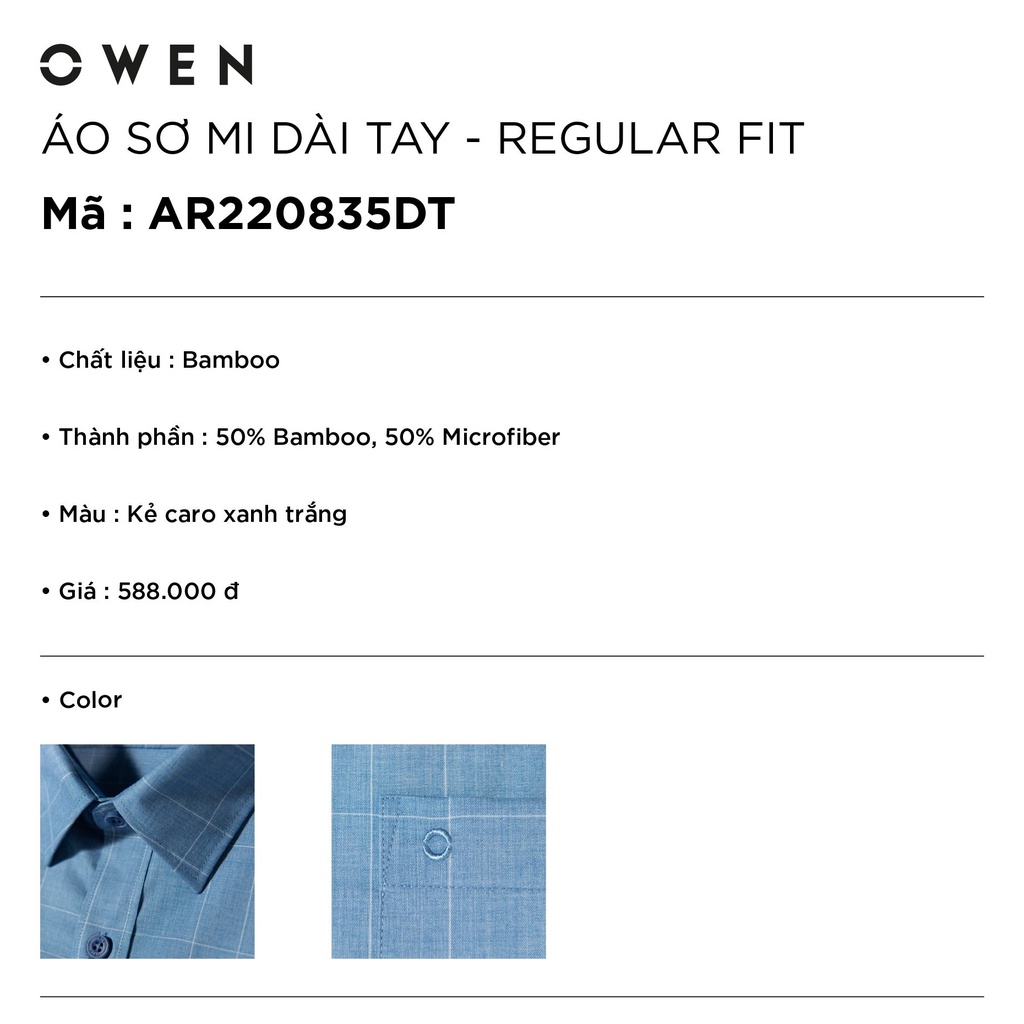 Áo Sơ Mi Nam Dài Tay OWEN AR220835DT Somi Công Sở Vải Sợi Tre Cao Cấp Kẻ caro xanh trắng Dáng Regular Fit Tà Lượn Có Túi