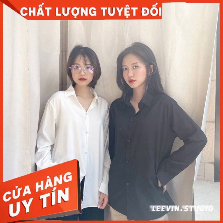 Áo Sơ Mi Nữ Form Rộng TRƠN Basic Unisex Dài Tay Trắng và Đen Kiểu áo sơ mi nữ Bigsize suông Leevin Store - Hàng nhập khẩ