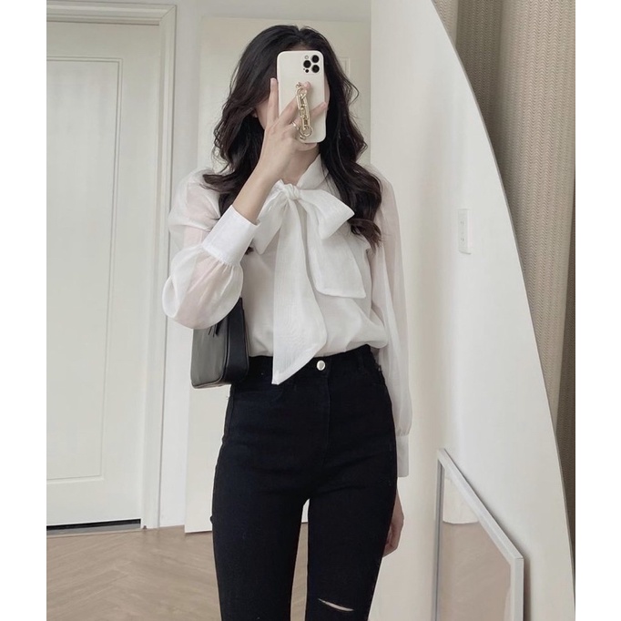 Áo sơ mi voan tay dài, áo sơ mi kiểu buộc nơ (có sẵn) - SM03
