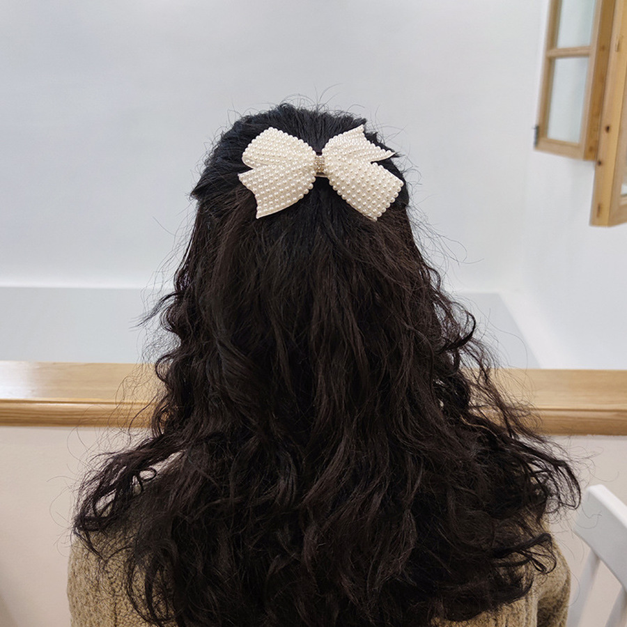 Kẹp tóc trang trí nơ nơ đính hạt ngọc trai phong cách Hàn Quốc