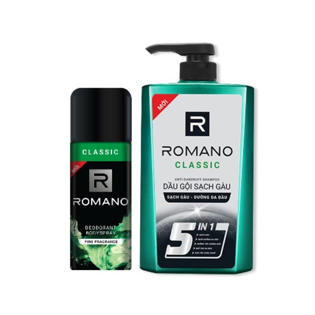 ROMANO 5IN1_ COMBO DẦU GỘI ROMANO TRỊ GÀU 650G+ XỊT KHỬ MÙI ROMANO 150ML