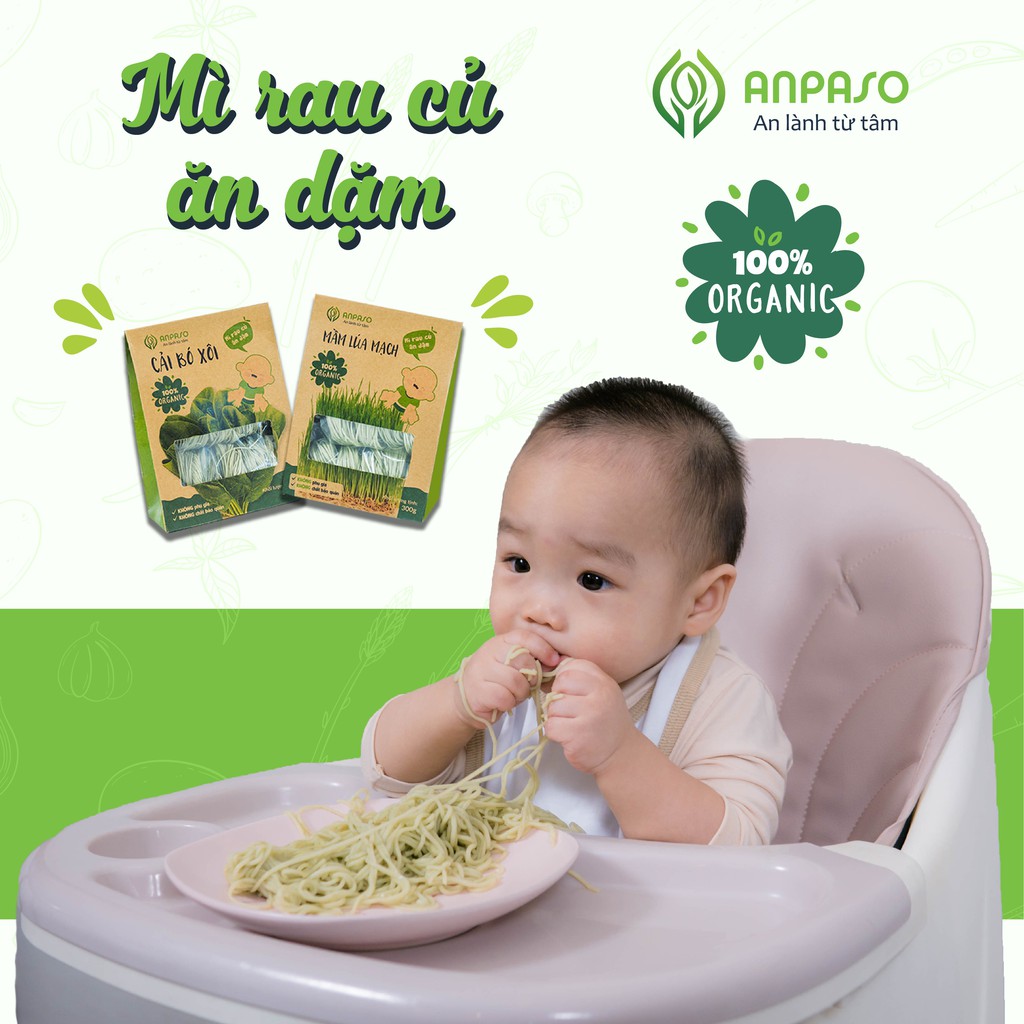 Mì Rau Củ Ăn Dặm Cho Bé Hữu Cơ Mầm Lúa Mạch Organic Anpaso từ 7 tháng bổ sung chất xơ, cải thiện táo bón 300g