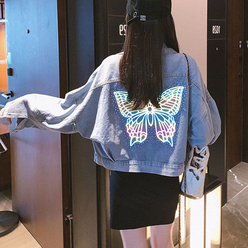 Korean Beauty Illuminate Butterfly Short Denim Jacket for Woman Casual Long Sleeved Loose Cropped Jeans Jacket Spring Autumn