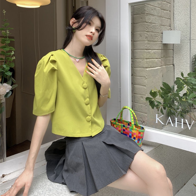 Áo Sơ Mi Tay Ngắn Cổ Chữ v Thiết Kế Ba Hàng Nút Thời Trang Mới Cho Nữ