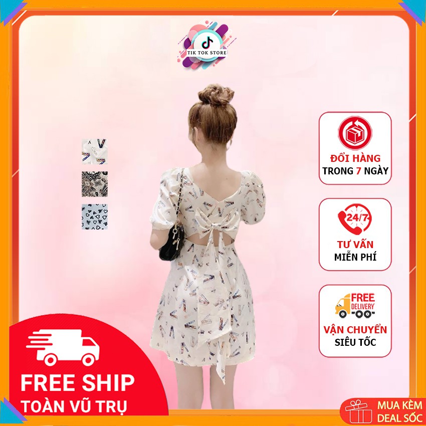 Váy cổ vuông, Đầm lụa có nơ lưng in 3D TIK TOK STORE