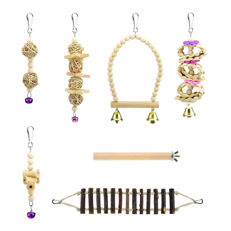 Bộ 7 món đồ chơi bằng gỗ cho chim vẹt