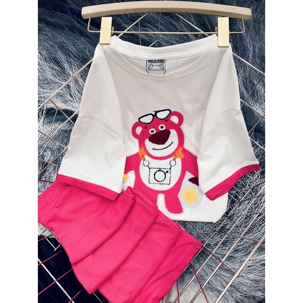 Set áo cotton gấu hồng thêu quần suông hình thật K3