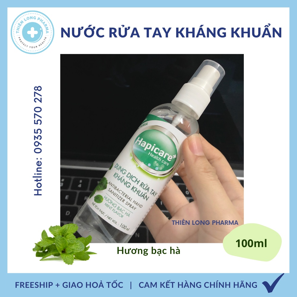 Chai nước rửa tay kháng khuẩn 100ml hương Bạc Hà, Xịt rữa tay sát khuẩn cao cấp, nước rửa tay xịt khử khuẩn Hapicare