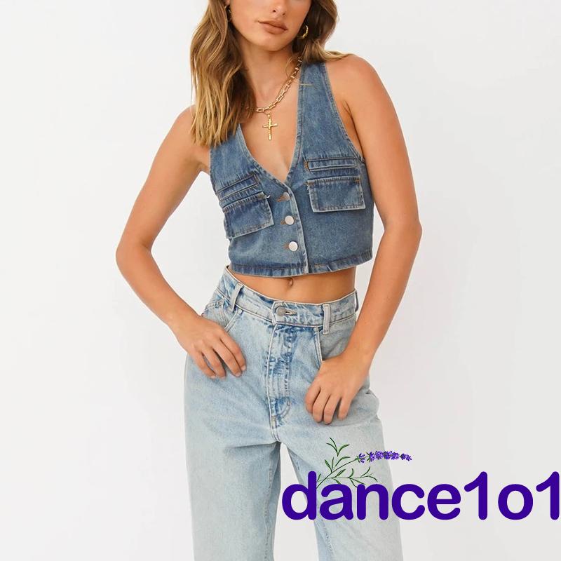 Áo denim cổ chữ V phối hàng nút thời trang cho nữ