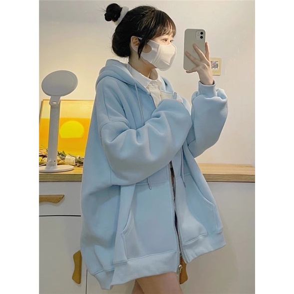 Áo khoác hoodie dây kéo tay phồng chất nỉ ngoại cotton vừa vặn, nón to