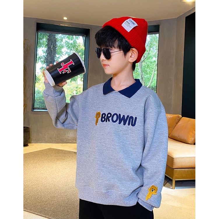 Áo thu đông dài tay cổ bẻ &quot;BBROWN&quot; 14-4kg cho bé trai. Áo sweater ấm áp cho bé  4-14 tuổi. Vải da cá ấm áp. G48