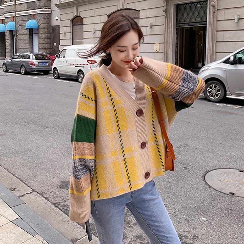 Áo khoác cardigan IELGY dệt kim dáng rộng phối màu phong cách Hàn Quốc cho nữ