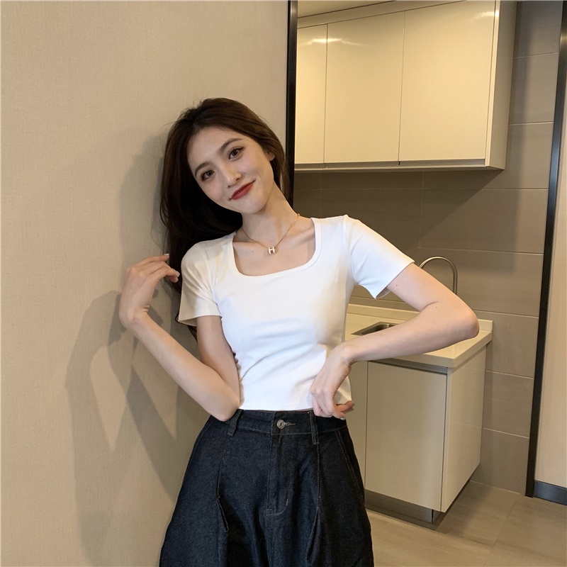 SUXI Áo Thun Ngắn Tay Cổ Tròn Màu Sắc Đơn Giản Thời Trang Mùa Hè Phong Cách Hàn Quốc Cho Nữ