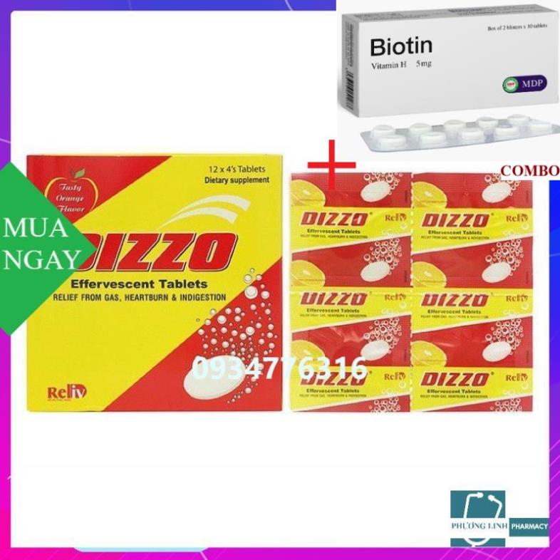 Combo Biotin 5mg+ Viên sủi Dizzo chống đầy hơi và ợ hơi do rối loạn tiêu hóa, hộp 48 viên
