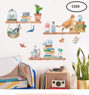 Decal mèo kệ sách cute